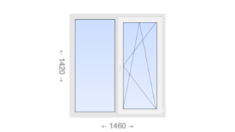 Двухстворчатое пластиковое окно 1460x1420 Г-ПО