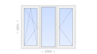 Трехстворчатое пластиковое окно 2300x1420 ПO-Г-П