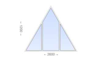 Трехстворчатое треугольное пластиковое окно 2600x1200 Г-Г-Г