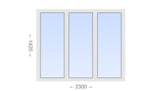 Трехстворчатое пластиковое окно 2300x1420 Г-Г-Г